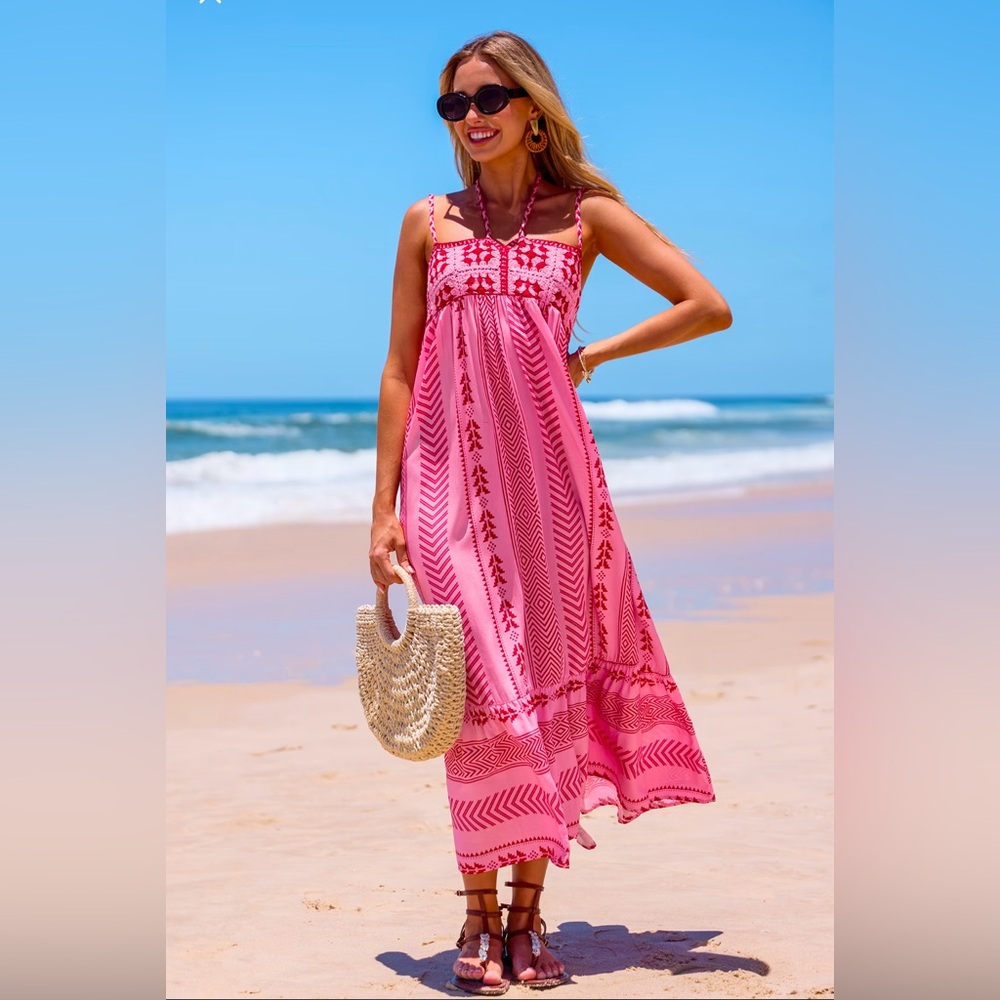 Pink Boho Square Neck Sleeveless Midi Dress